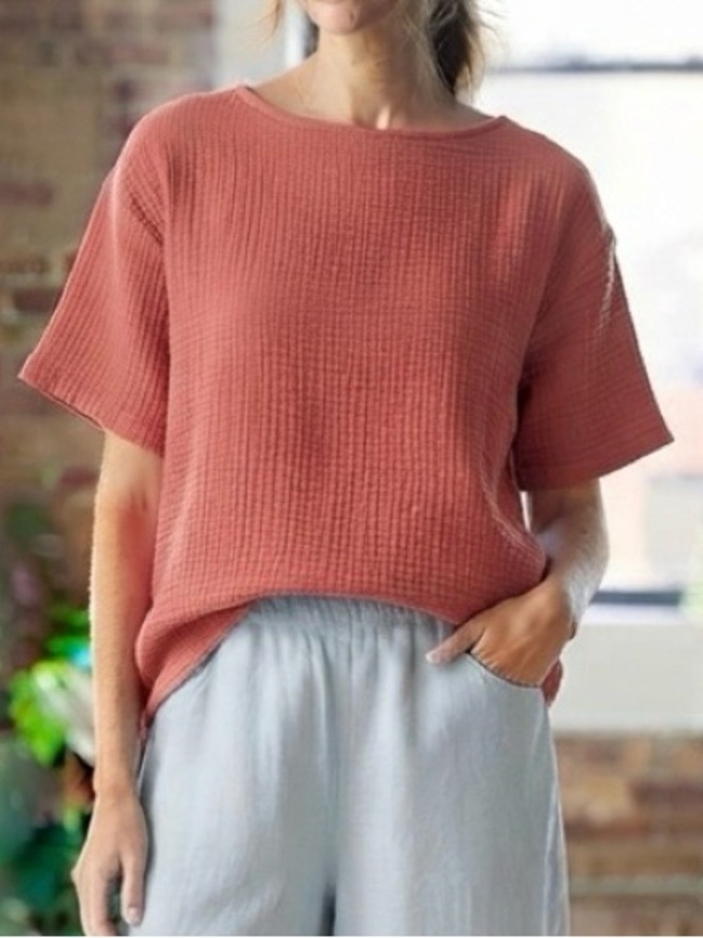 Eileen Fisher Organic Cotton Gauze Boxy Top Womens Medium Relaxed Minimalist